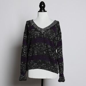 Vintage Alt Punk 90s Goth Emo Purple Black Striped Chunky Knit V-Neck Sweater L